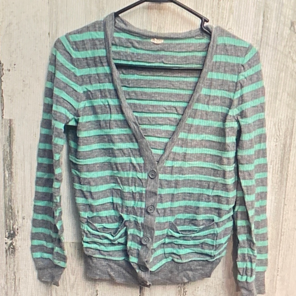 J. Crew Factory Mint and Gray Striped Cardigan